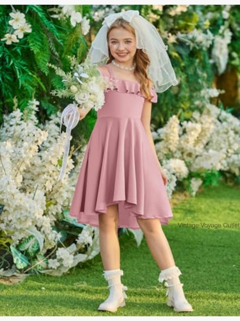 Girls Off Shoulder Flutter Sleeve Midi Swing Dress with Pockets - Picture 2 of 7